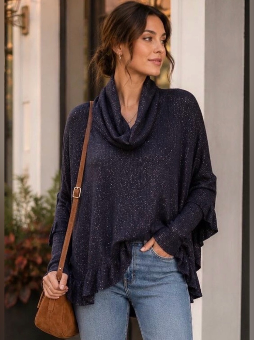 Postmark Anthropologie Cowl Neck Knit Sweater Ruffle Metallic Relaxed M/L P